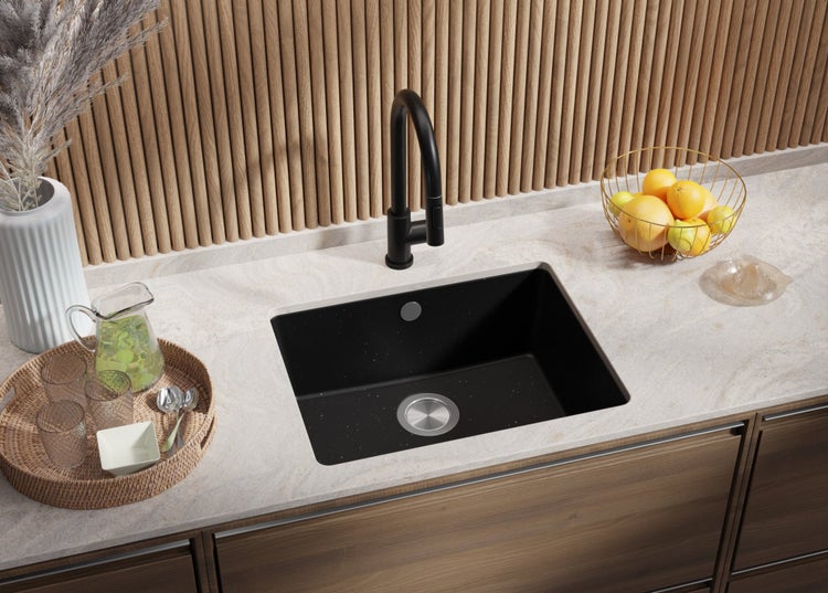 PRIMAGRAN Unterbauspüle Granit Schwarz Metallic 56x44cm, Spülbecken 1 Becken + Küchenarmatur 32x20cm + Ablauf-Set, Granitspüle ab 60er Unterschrank - Venedig Easy