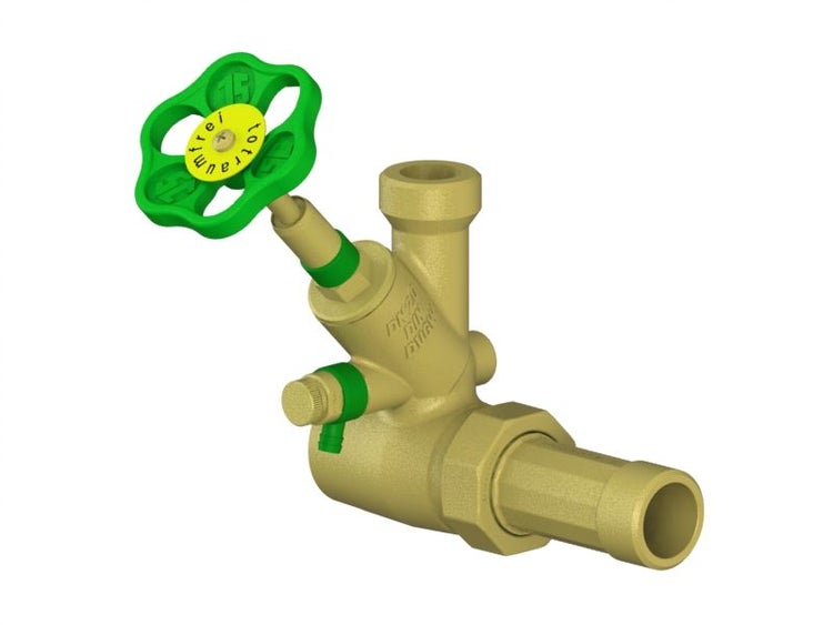 Schrägsitzventil aus Messing mit grünem Handrad und integrierter Entleerung für die Trinkwasserinstallation.