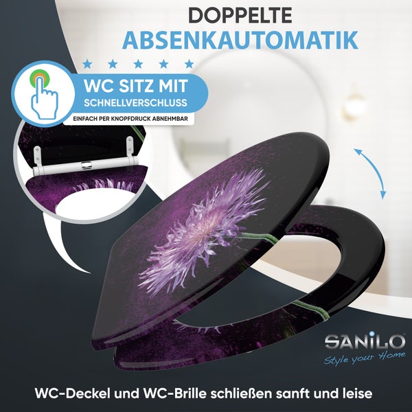 Sanilo WC Sitz mit Absenkautomatik und Schnellverschluss mit Blumenmotiv.