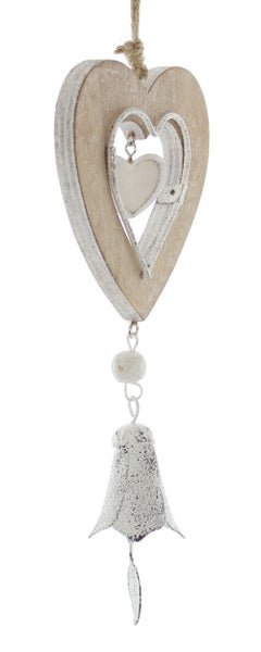 FRANK FLECHTWAREN | Herzhänger Glöckchen, 2er Set, HOLZ, METALL, Herz ca. Ø 10 cm, GH 30 cm