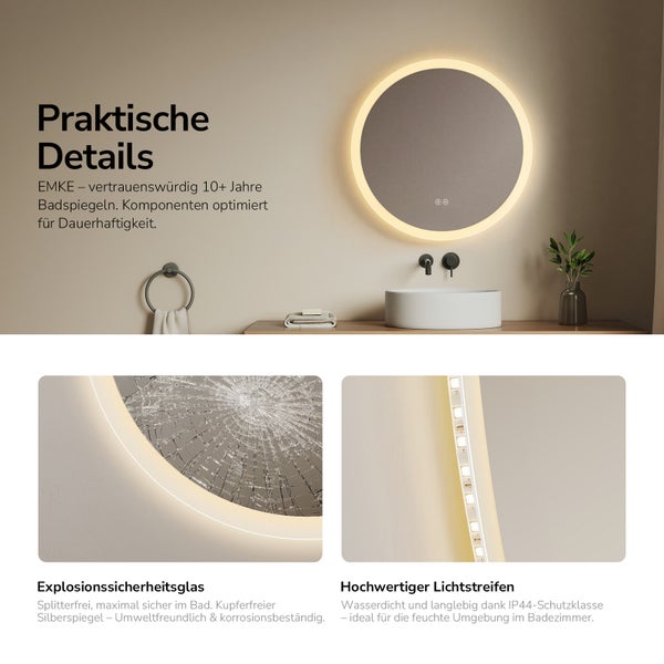 Moderner runder Badezimmerspiegel mit LED-Beleuchtung über einem Waschbecken, Details zu splitterfreiem Sicherheitsglas und Lichtstreifen.