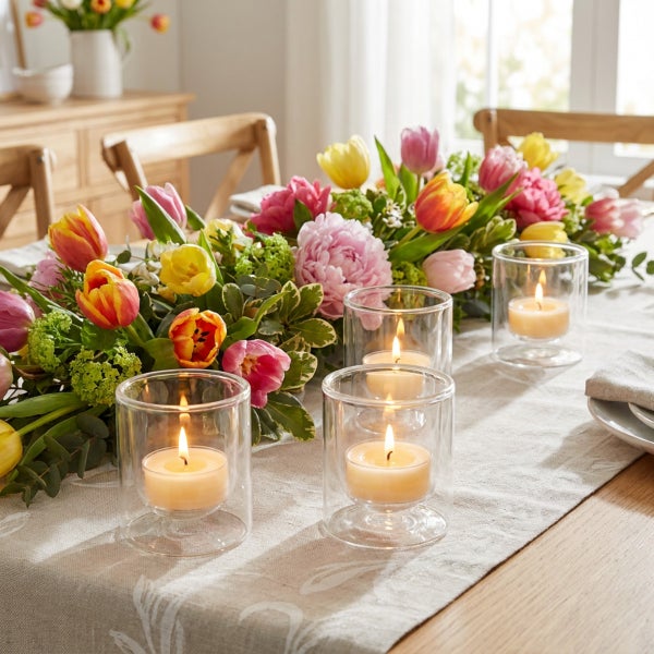 Festliche Tischdekoration mit Blumenarrangement aus Tulpen und Pfingstrosen sowie drei Teelichtern in Glaswindlichtern auf einem Leinentischläufer.