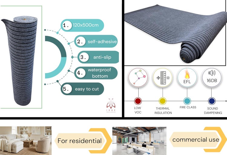 Rolle selbstklebende, rutschfeste und wasserdichte Bodenmatte, leicht zuzuschneiden, 120x500 Zentimeter, geringe flüchtige organische Verbindungen, Wärmedämmung, Brandschutzklasse, Schalldämmung, geeignet für Wohn- und Gewerbebereich