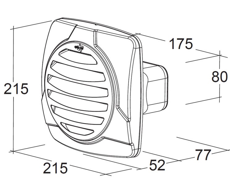 Technische Zeichnung mit Maßangaben eines quadratischen Wandlüfters mit rundem Lüftungsgitter.