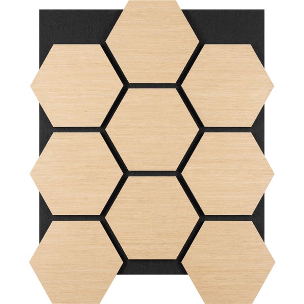 Akustikpaneel mit sechseckigen Elementen in Holzoptik auf einem schwarzen Trägermaterial.