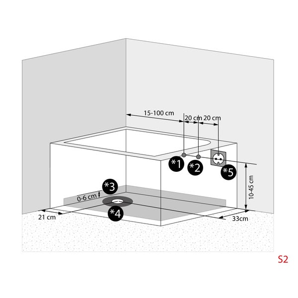 Installationsschema für eine Badewanne mit Maßangaben
