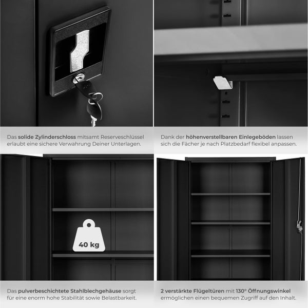 Detailansichten eines Flügeltürenschranks mit Zylinderschloss, verstellbaren Einlegeböden, hoher Belastbarkeit und pulverbeschichtetem Stahlblechgehäuse