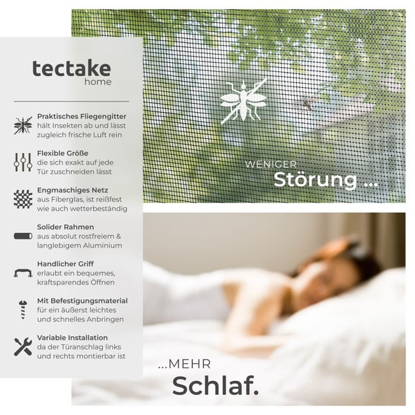 tectake Logo. Infografik für Insektenschutz für Türen aus Fiberglas mit Aluminiumrahmen. Details zu Größe, Montage und wetterfestem Material.