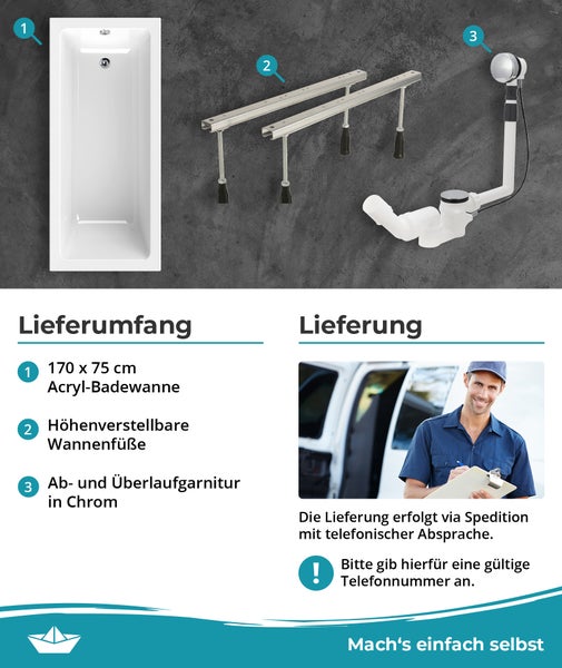 Lieferumfang Acryl Badewanne 170 mal 75 Zentimeter mit höhenverstellbaren Wannenfüßen, Ab- und Überlaufgarnitur, Speditionslieferung, Hornbach Logo.