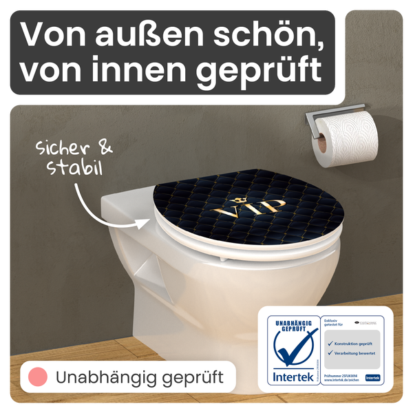 Toilette mit WC-Sitz mit VIP-Motiv und Intertek-Prüfsiegel für unabhängige Prüfung