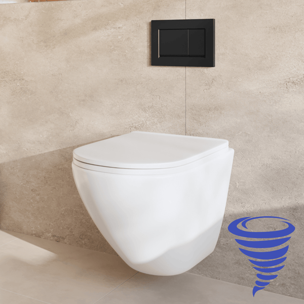 Wandhänge WC mit Spülrand und Unterputz Betätigungsplatte vor einer Fliesenwand
