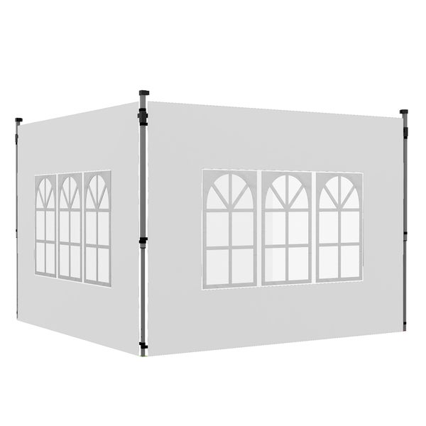 Zwei weiße Pavillon-Seitenwände mit jeweils drei Rundbogenfenstern, montiert an vertikalen Stangen.