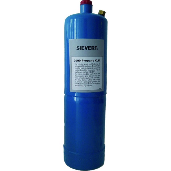Propangasflasche Sievert 2000 Propan C3H8 mit Sicherheitshinweisen auf dem Etikett.