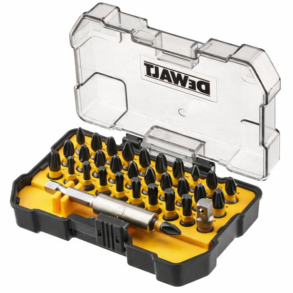 DeWALT Bit-Set in kompakter Aufbewahrungsbox mit DeWALT Logo, bestehend aus verschiedenen Schrauberbits und einem Bithalter.