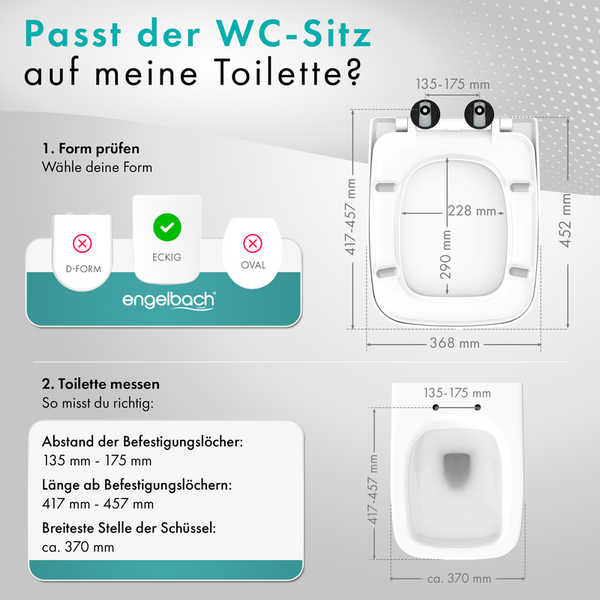 Engelbach® WC-Sitz Eckig mit Absenkautomatik (Einfache Montage) Antibakteriell dank Urea-Duroplast