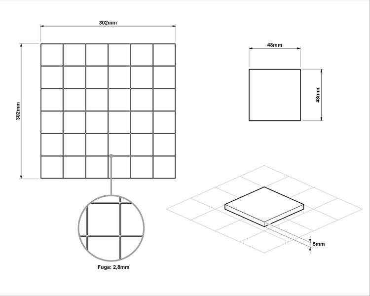 Technische Zeichnung einer Mosaikfliesenmatte. Maße 302 mal 302 Millimeter. Einzelstein 48 mal 48 Millimeter, Stärke 5 Millimeter, Fuge 2,8 Millimeter.