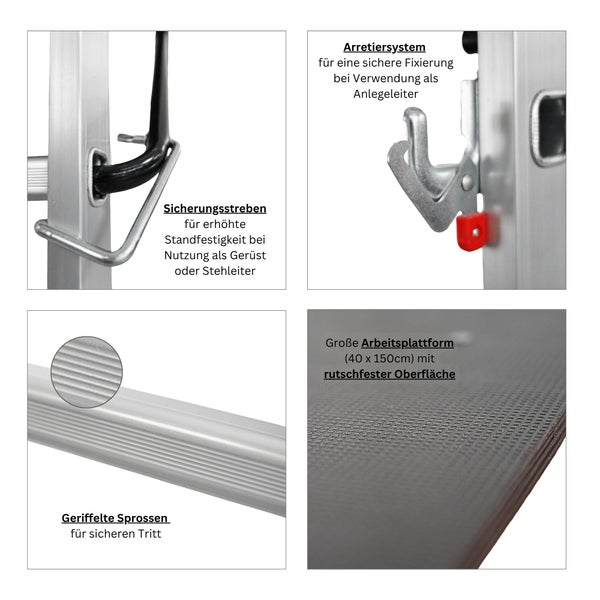 Details einer Leiter: Arretiersystem, Sicherungsstreben, geriffelte Sprossen und Arbeitsplattform