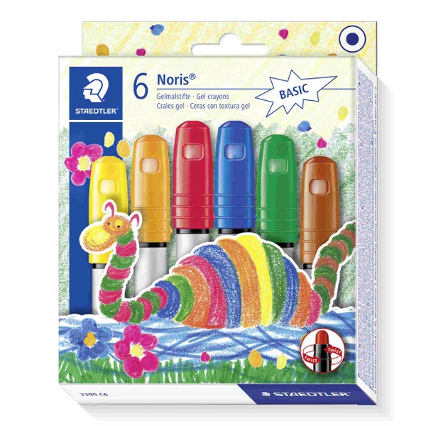 Staedtler Noris Gelmalstifte Set mit sechs Grundfarben für Kinder. Kartonverpackung mit bunten Zeichnungen und Drehmechanik.