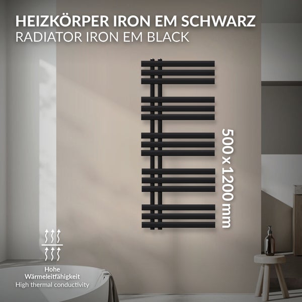 LuxeBath Design Badheizkörper Iron EM 500 x 1200 mm, Schwarz matt, Designheizkörper Paneelheizkörper Flachheizkörper Heizkörper Handtuchwärmer Handtuchtrockner Bad/Wohnraum Heizung, inkl. Montage-Set
