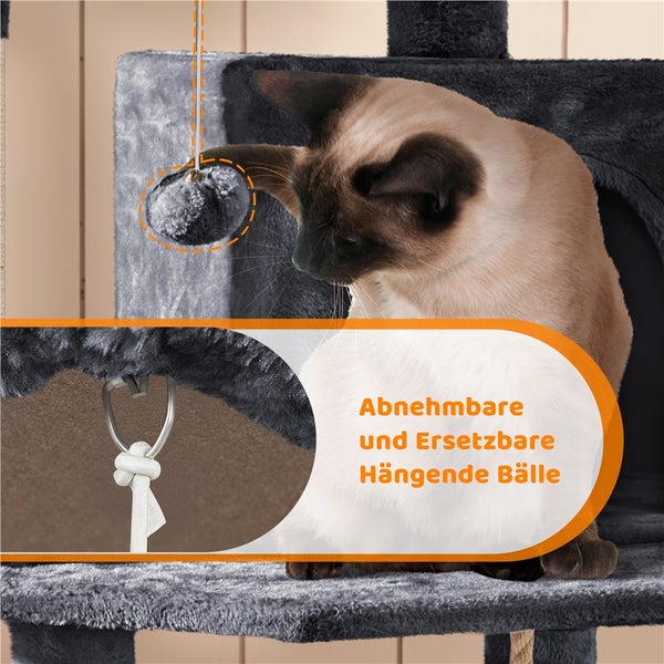 Katze auf einem Katzenkratzbaum mit abnehmbaren und austauschbaren Hängebaellen