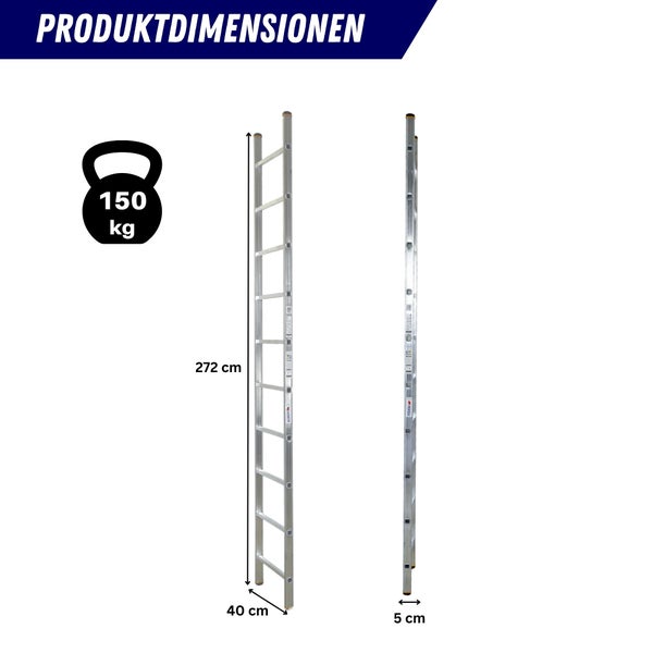 Produktdimensionen einer Leiter mit einer maximalen Belastbarkeit von 150 Kilogramm, einer Länge von 272 Zentimetern und einer Breite von 40 Zentimetern.
