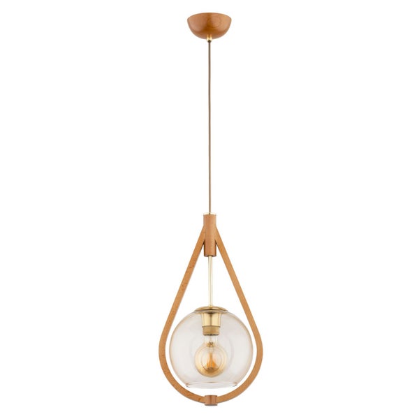 Moderne Hängeleuchte mit tropfenförmigem Holzrahmen und einer Glaskugel inklusive Leuchtmittel