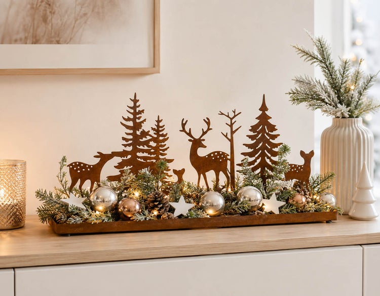 Weihnachtsdekoration mit Metallsilhouette von Hirschen und Tannenbäumen auf einem Tablett mit Tannenzweigen und Beleuchtung.