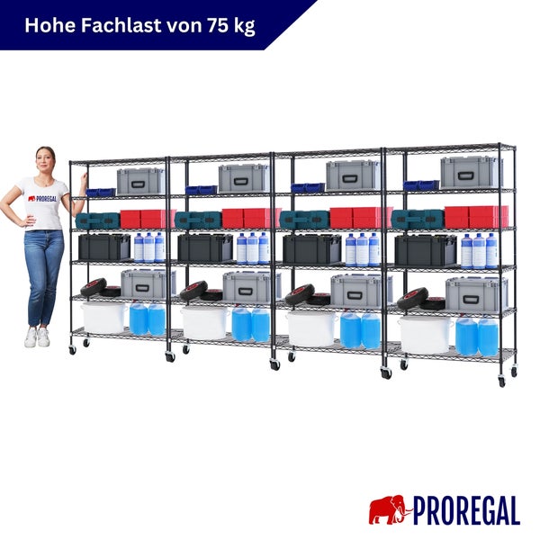 Schwarzes Proregal Drahtregal auf Rollen mit vier Modulen und einer Fachlast von 75 Kilogramm. Proregal Logo.