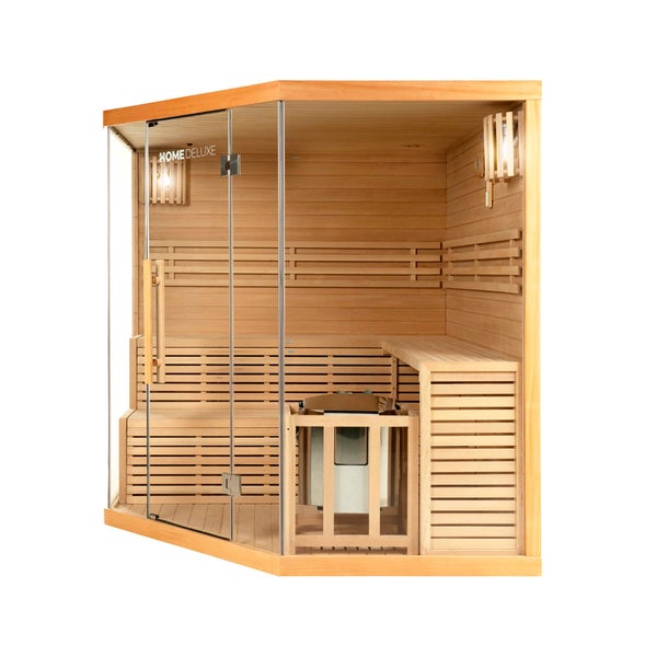 Home Deluxe - Traditionelle Sauna - Skyline XL Big - 200 x 200 x 210 cm - für 2-6 Personen, Hemlocktanne, inkl. Saunaofen, Saunazubehör I Dampfsauna Aufgusssauna Finnische Sauna Bio Sauna