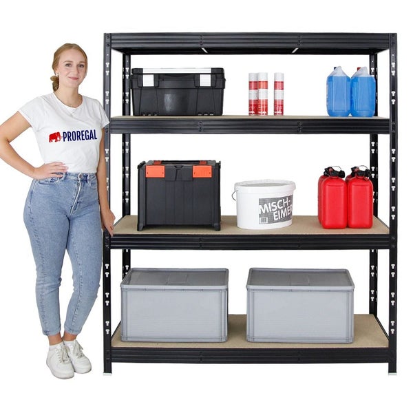 PROREGAL Mega Deal 4x Profi Schwerlastregal Rhino HxBxT 180 x 160 x 60 cm 4 Spanplatten-Ebenen 8mm Fachlast 500 kg Schwarz