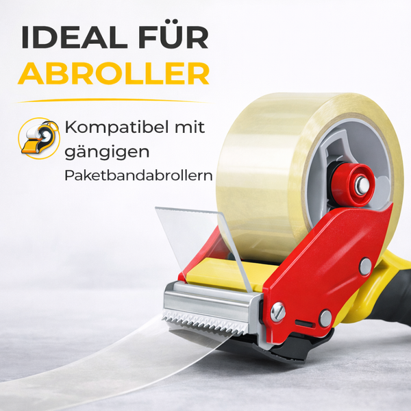 Transparentes Paketband in einem Paketbandabroller mit dem Hinweis, dass es ideal für Abroller und kompatibel mit gängigen Modellen ist.