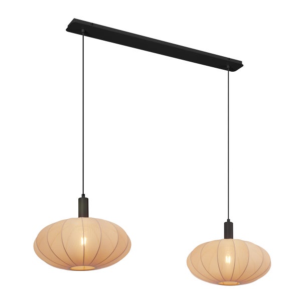 Zweiflammige Pendelleuchte mit schwarzer Deckenleiste und zwei ovalen Schirmen aus hellem Textilgewebe.