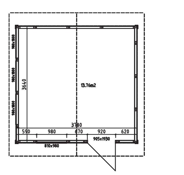 Technischer Grundriss eines Gartenhauses mit Maßangaben in Millimetern und einer Fläche von dreizehn Komma sechsundsiebzig Quadratmetern.