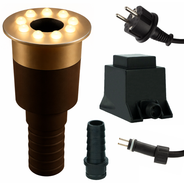LED-Quellsteinbeleuchtung Set inklusive LED-Ring, Transformator, Netzstecker und Schlauchanschluss.