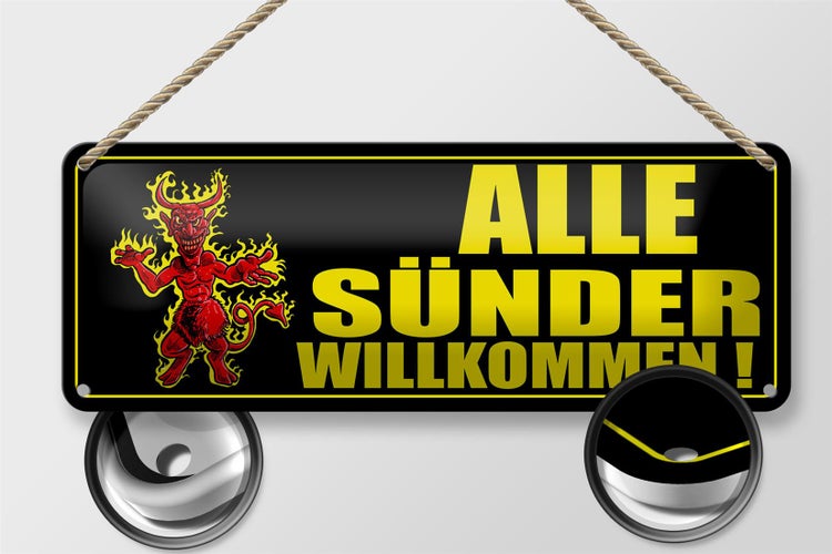 Blechschild Spruch 27x10cm Alle Sünder willkommen Teufelchen