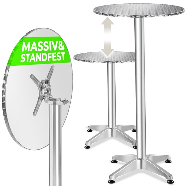 Höhenverstellbarer und klappbarer Stehtisch in Aluminium-Optik mit runder Tischplatte und vierbeinigem Standfuß.