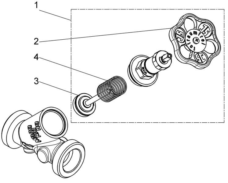 Explosionszeichnung eines Ventils mit nummerierten Einzelteilen wie Handrad, Spindel, Feder, Dichtung und Ventilgehäuse.