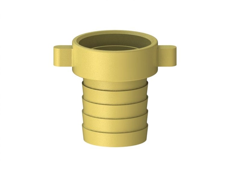 Schlauchanschluss aus Kunststoff mit gerippter Tülle und Flügelmutter.