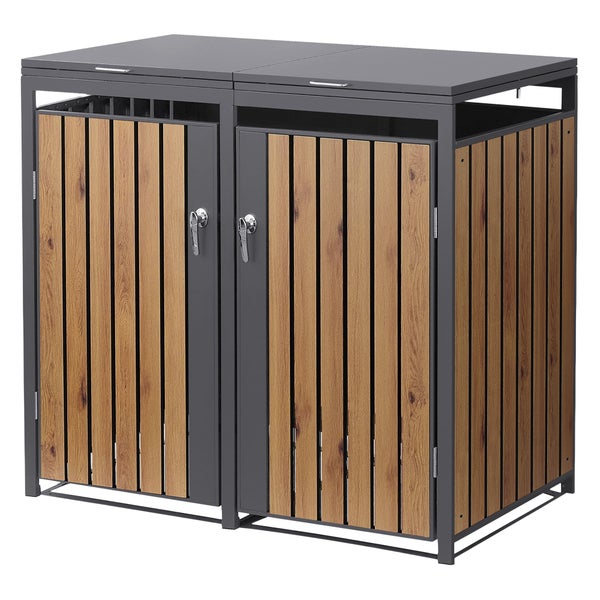 Anthrazitfarbene Mülltonnenbox für zwei Tonnen aus Metall und Holz mit zwei Türen und Klappdeckeln.