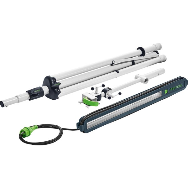 Festool Arbeitsleuchte SYSLITE mit Stativ und Halterung, inklusive Netzkabel.