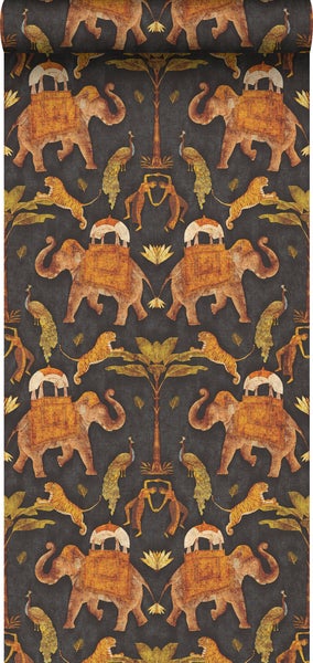Sanders und Sanders Tapete Elefanten Braun und Dunkelgrün - 53 cm x 10 m - 640496