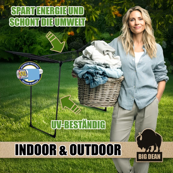 Wäscheständer für drinnen und draußen mit Wäschekorb und Frau