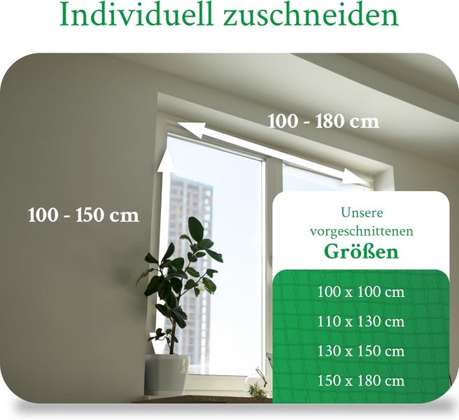 Individuell zuschneidbarer Insektenschutz für ein Fenster in einem hellen Raum, verfügbar in vorgeschnittenen Größen von 100 bis 180 Zentimeter.