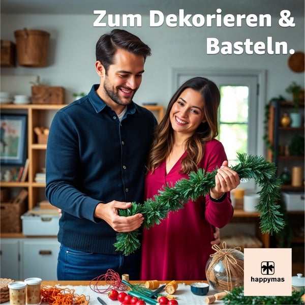 Ein Paar dekoriert mit einer Tannengirlande und Bastelmaterialien auf einem Tisch.