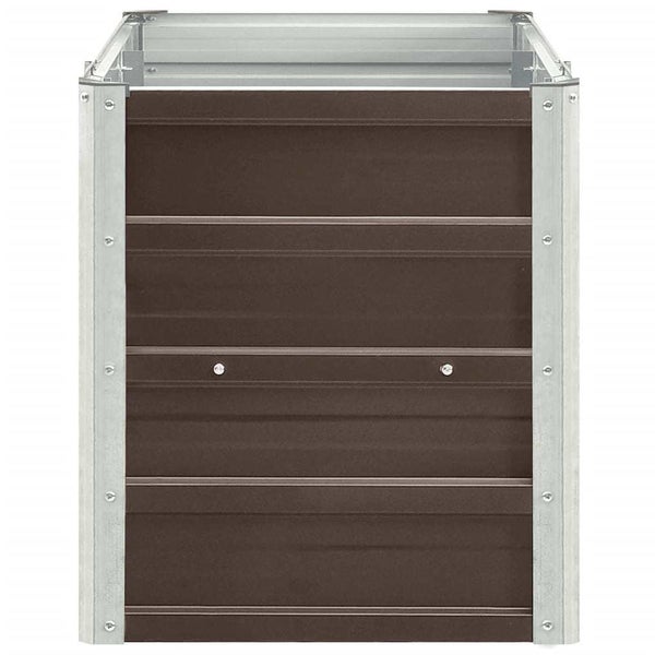 Hochbeet aus Metall mit braunen Paneelen und silbernen Eckprofilen.