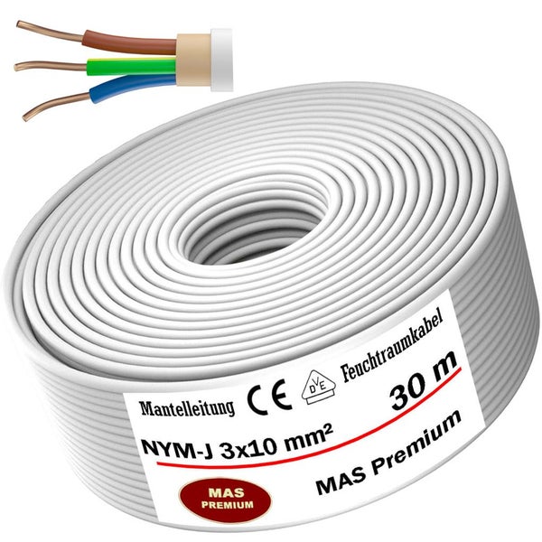 Mantelleitung NYM-J 3 mal 10 Quadratmillimeter Feuchtraumkabel, 30 Meter Rolle, MAS Premium Logo, mit VDE und CE Kennzeichnung.