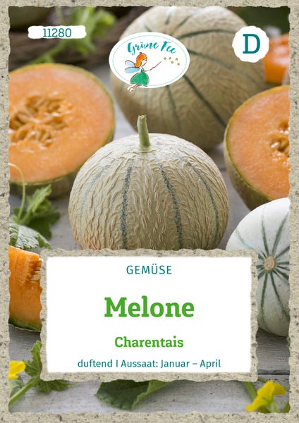 Melone Charentais Samentüte mit Abbildung ganzer und aufgeschnittener Früchte, Grüne Fee Logo.