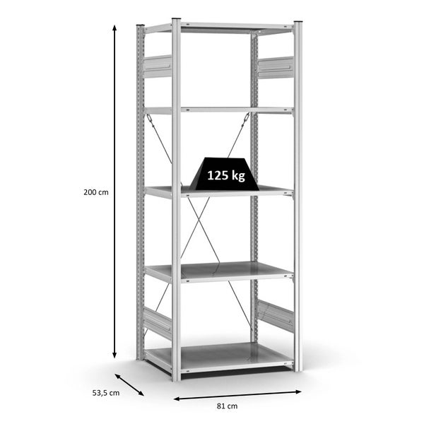 PROREGAL Profi Lagerregal Stecksystem T-Profil Grundregal HxBxT 200 x 75 x 50 cm Fachlast 125 kg Verzinkt