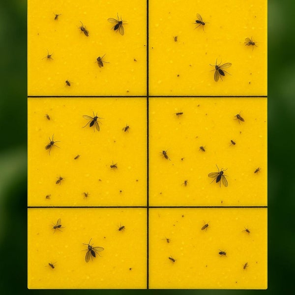 Gelbsticker mit gefangenen Trauermücken zur Insektenbekämpfung an Zimmerpflanzen.