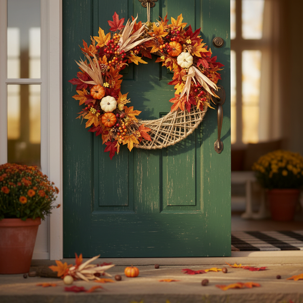 Herbstlicher Türkranz aus Ahornblättern, kleinen Kürbissen, Beeren, Maishülsen und einem Seilelement an einer Holzhaustür.